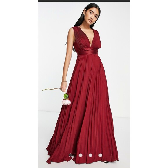 ASOS DESIGN pleated cami maxi dress with satin wrap waist in burgundy Size 10 - Picture 1 of 12